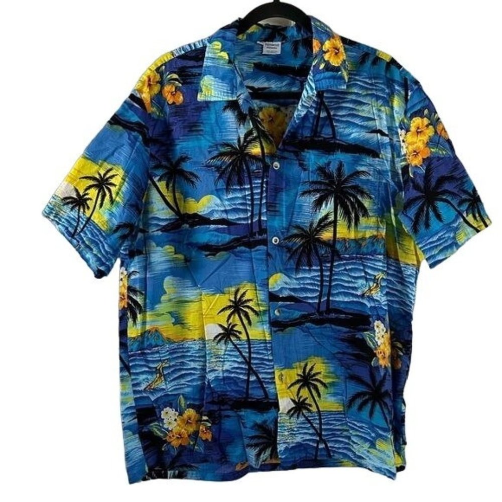 Palmwave Hawaiian Button Up Shir, Surfer & Ocean, Collared